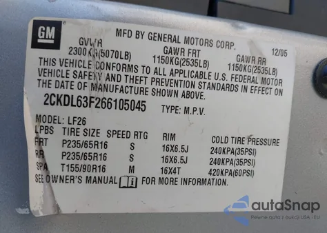 2006 Pontiac Torrent from USA, damaged, VIN 2CKDL63F266105045